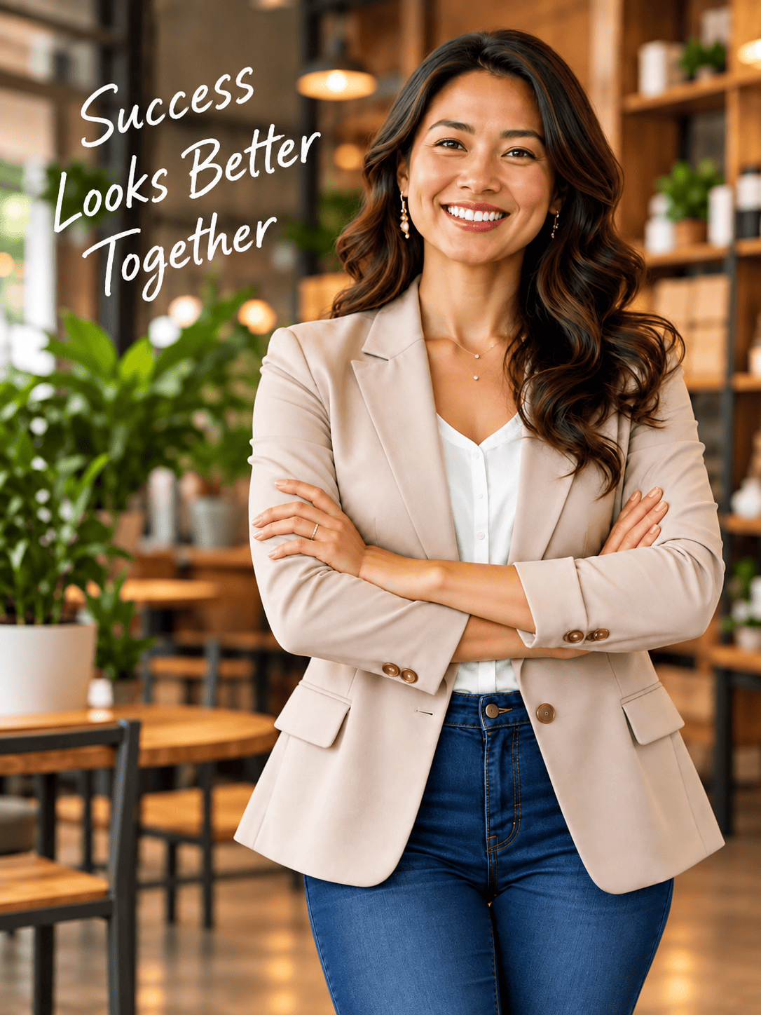 Smiling partner standing with arms crossed in a bright café