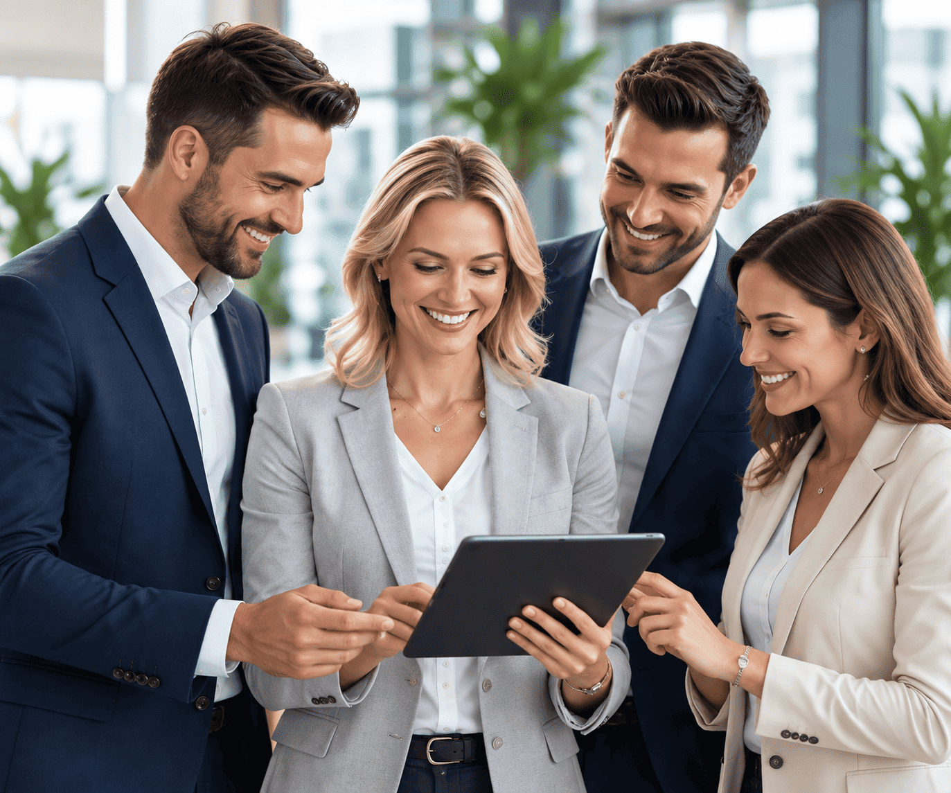 Four smiling business partners reviewing growth opportunities together on a tablet