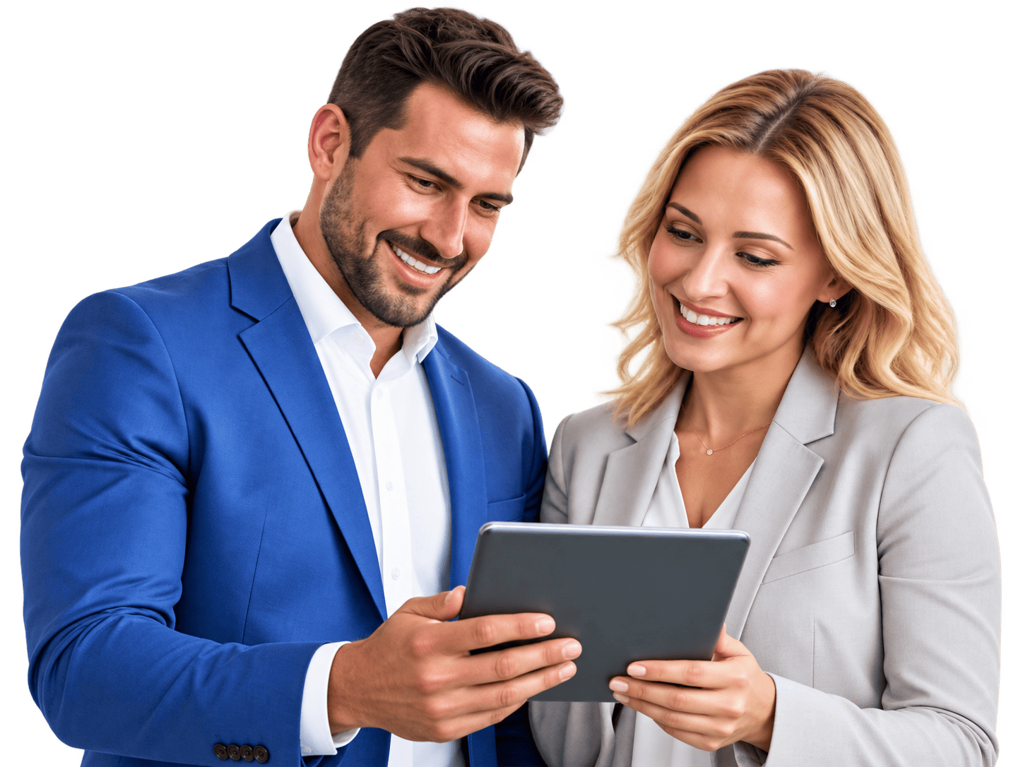 Two business professionals smiling while reviewing growth plans on a tablet