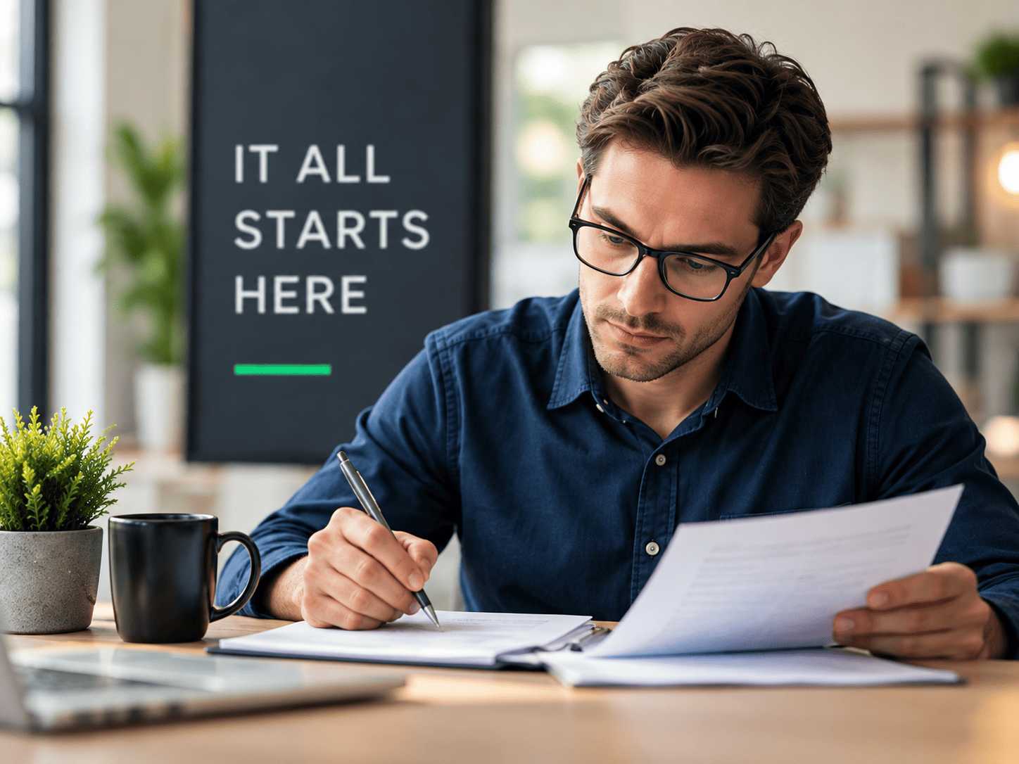 Business owner reviewing paperwork at his desk