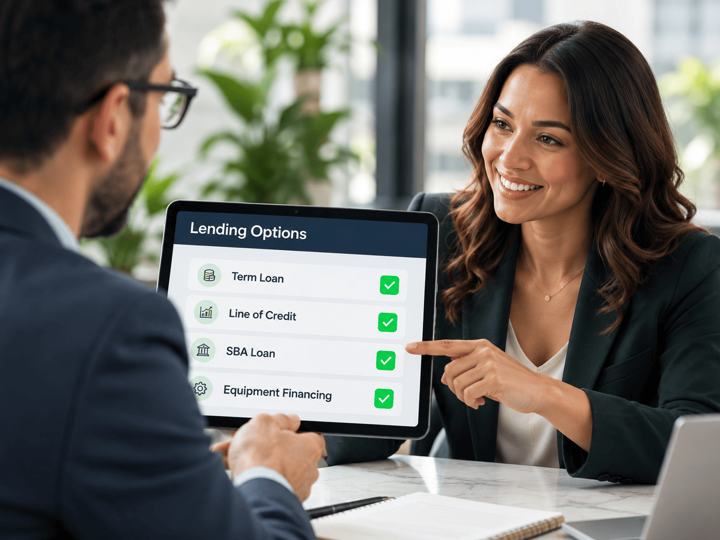 Advisor showing a client lending options on a tablet