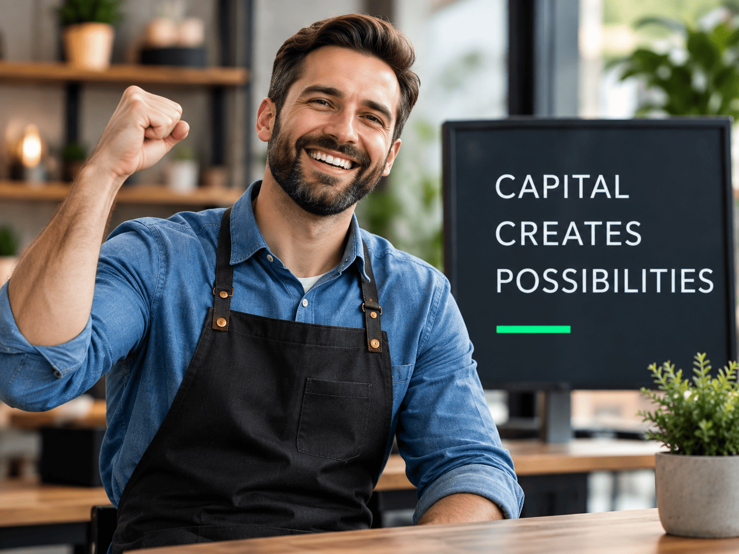 Small business owner celebrating with a raised fist