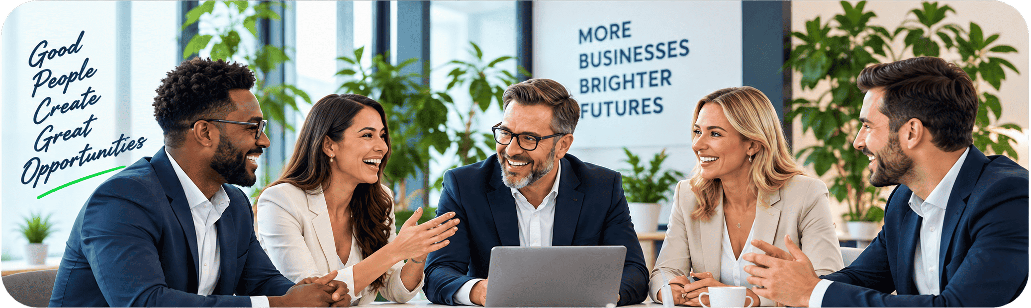 Five smiling business partners laughing together around a laptop